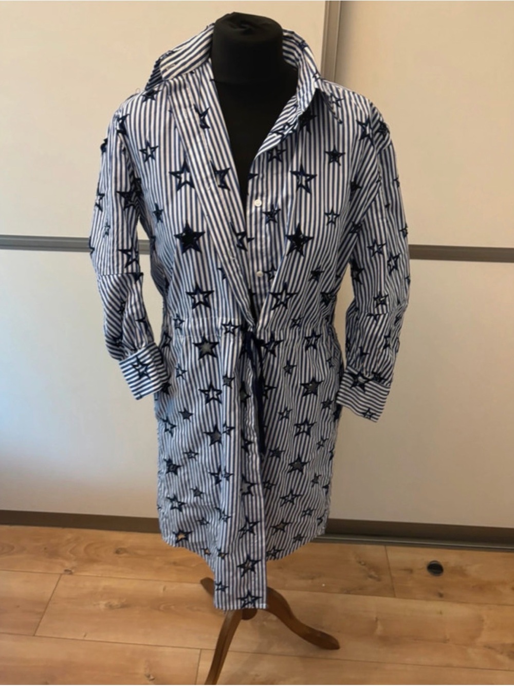 Sandro Paris Blue Stripe Star Print Shirt Dress